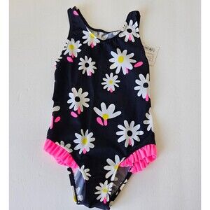 Girls Swimsuit Size 5/6 One-Piece Bathing Suit Black Pink Floral Daisy Ruffle